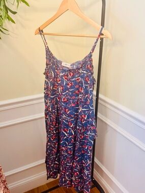 NATURAL LIFE Navy Blue Floral Midi Dress with Red Accents
